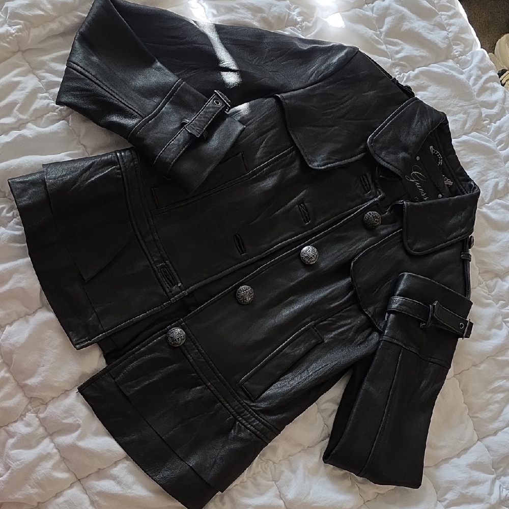 Guess Black Soft Leather Peplum Ruffle trench Military Jacket Timeless Small